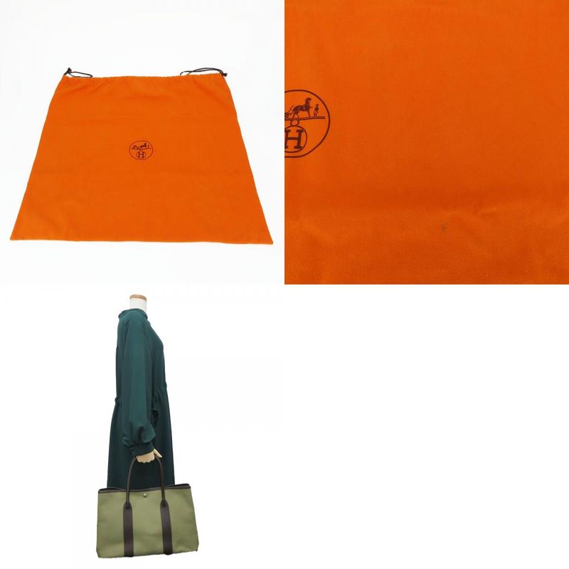 Hermes Tote Bag Garden Party PM Canvas Leather Khaki Brown Silver Hardware □F