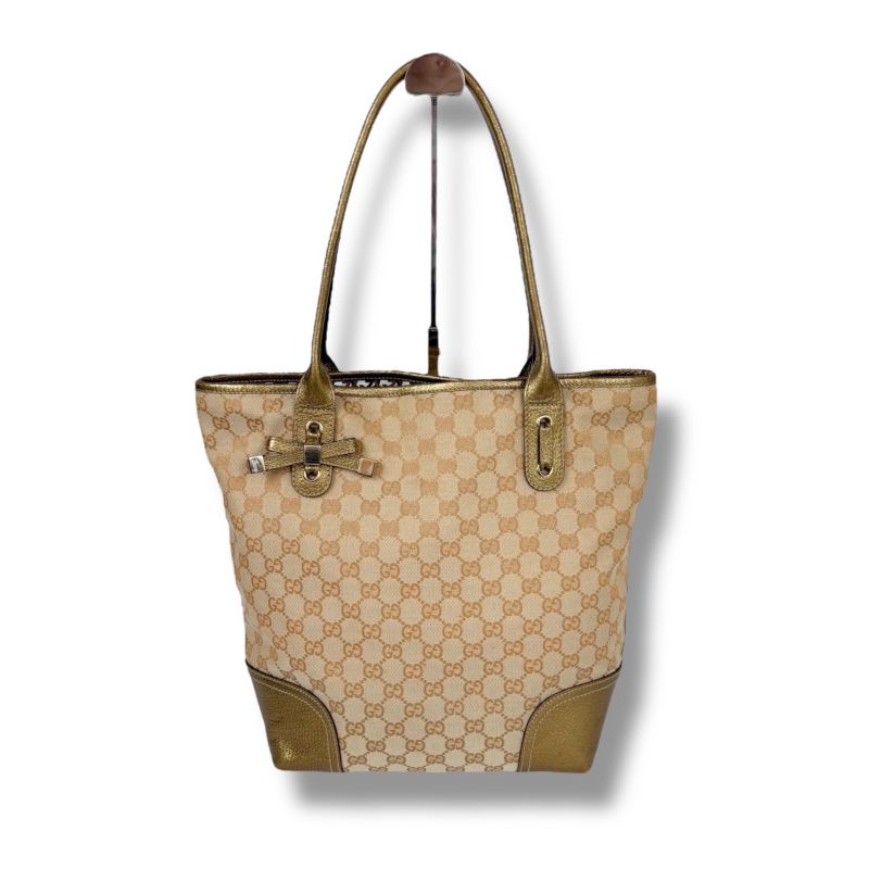 Gucci GG Pattern Tote Bag GG Canvas Gold Beige Ribbon Tricolor