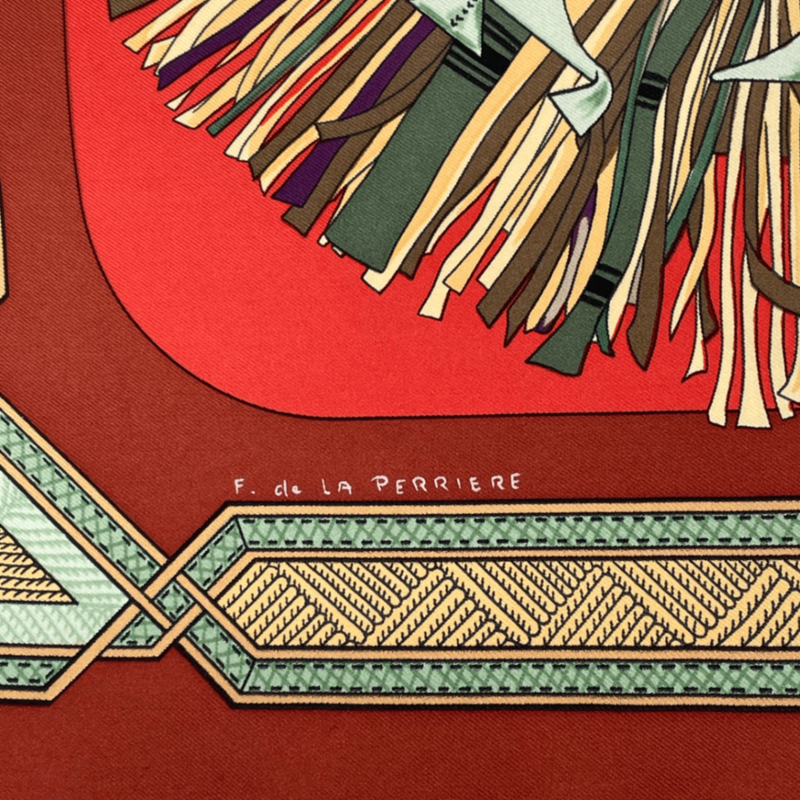 Hermes Carre 90 Hermes Cuirs DU Desert Leather Decorated Silk Scarf Red