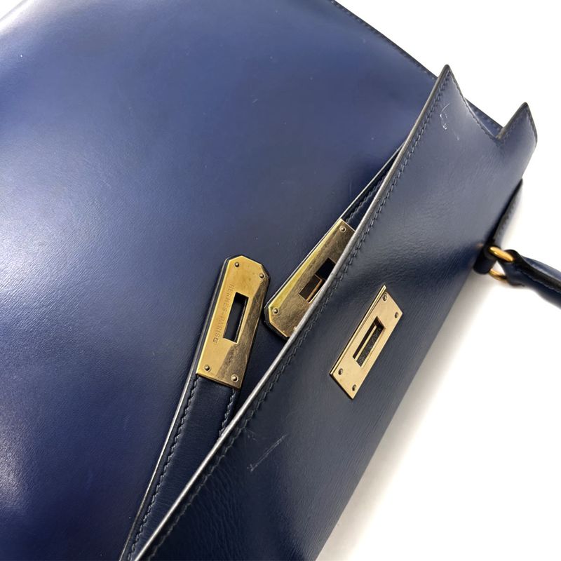 Hermes Kelly 28 Box Calf Blue 2-way Hand Shoulder Bag ?V Stamped 1992 Outer