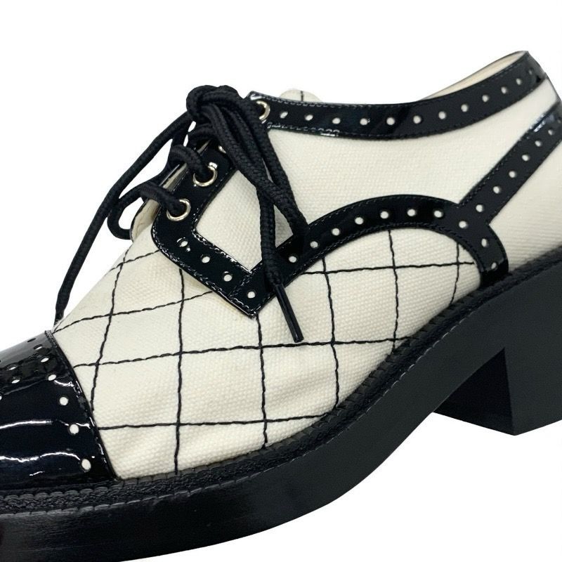Chanel Loafers Leather Shoes Patent Fabric White Black Coco Mark Lace Up