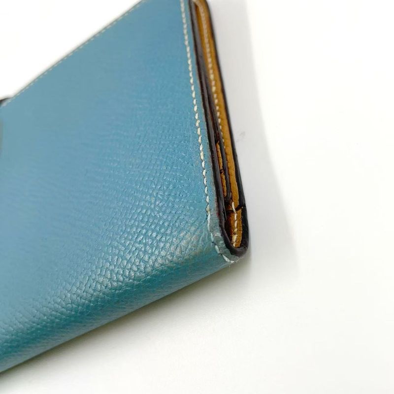 Hermes Bearn Souffle Stamped □L Leather Turquoise Blue And Light Brown Long