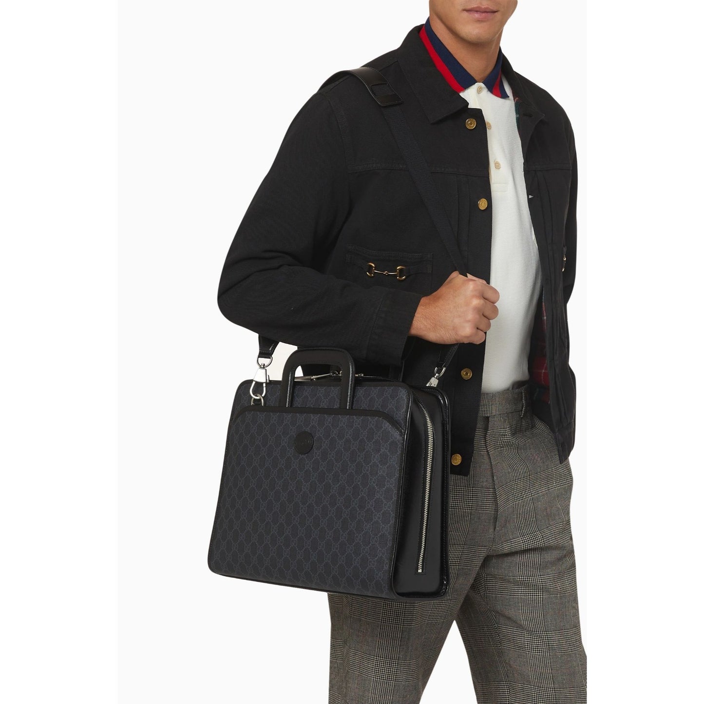 Gucci GG Supreme Briefcase Monogram Medium Messenger Bag Black Mens