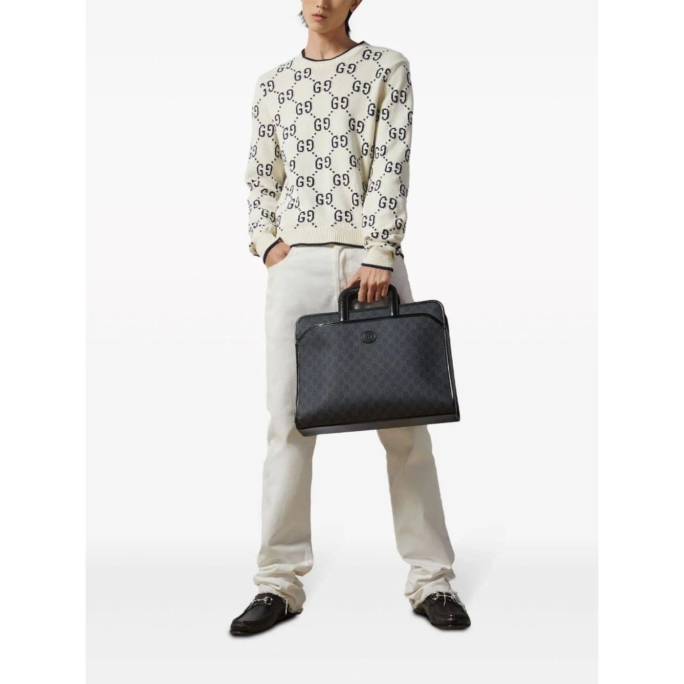 Gucci GG Supreme Briefcase Monogram Medium Messenger Bag Black Mens