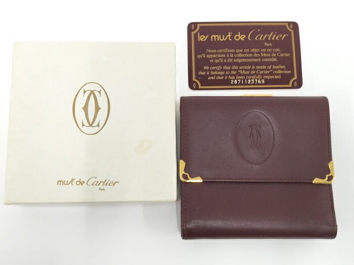 Cartier Compact Wallet Trifold Clasp Closure Mastline Leather Bordeaux
