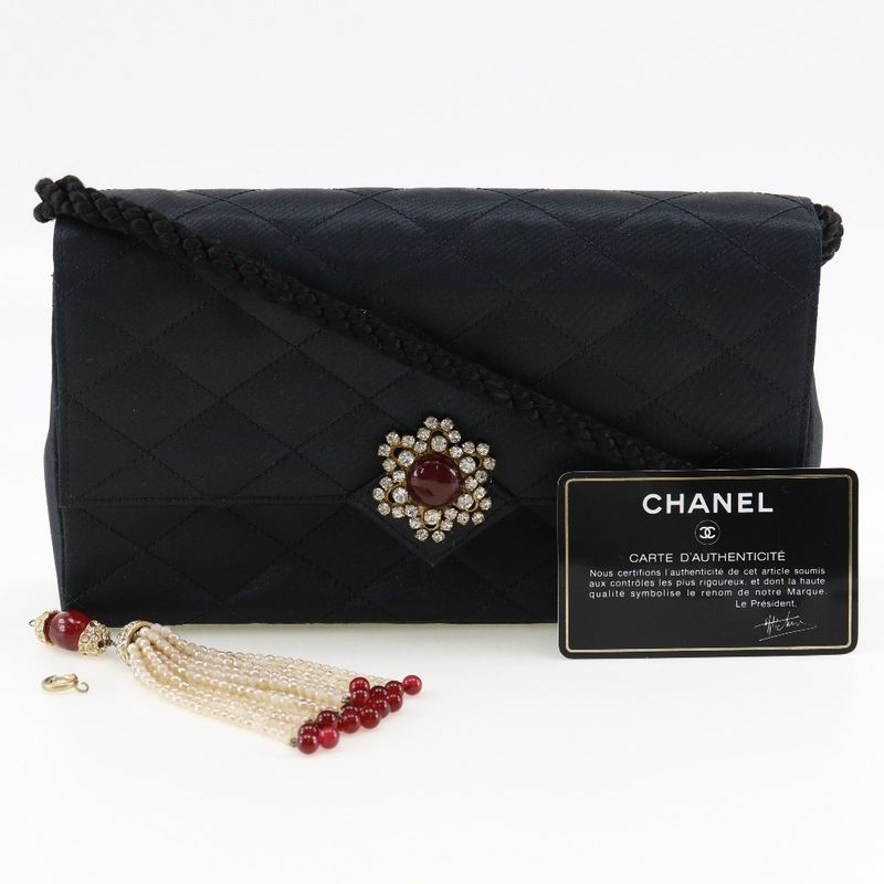 Chanel Matelasse Vintage Satin And Rhinestone Black Women Shoulder Bag