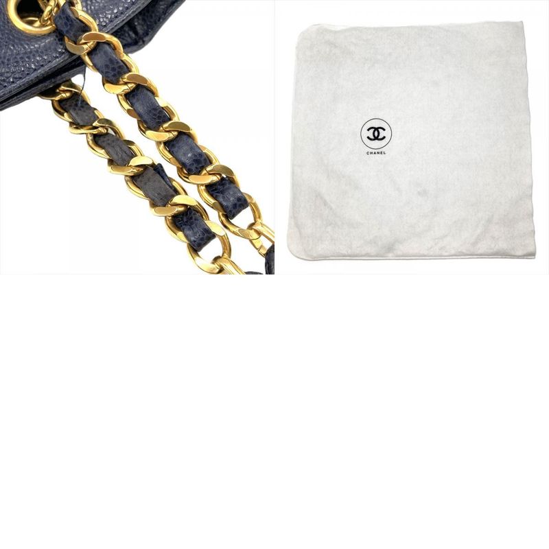 Chanel Triple Coco Mark Tote Bag Caviar Skin Navy Chain Shoulder Women