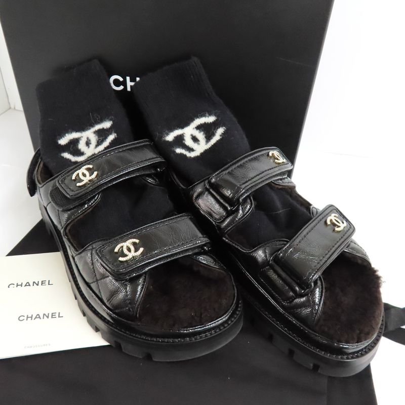 Chanel Sandals 23K G45291 Boa Rhinestone Coco Mark 38 Black Leather