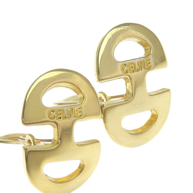 Celine Y2K Vintage Signature Engraved Gold Metal Horsebit Earrings Ring GP