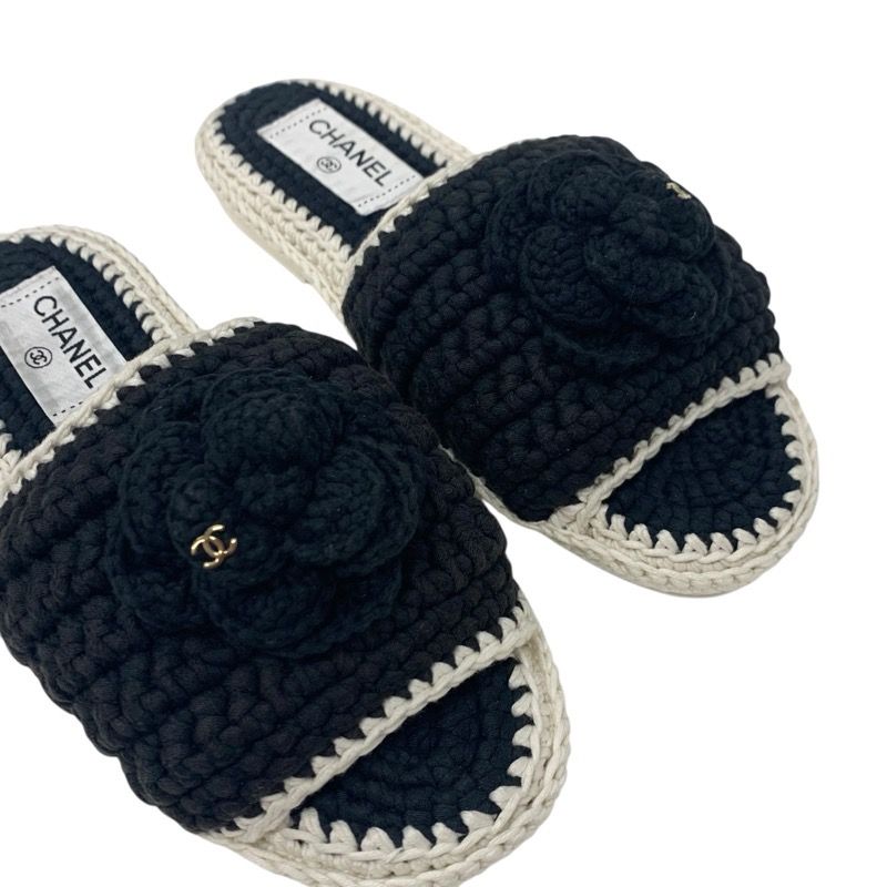 Chanel Sandals Shoes Fabric Black White Coco Mark Camellia Knit Flat Mule