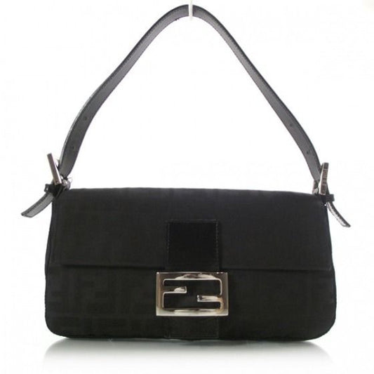 FENDI Mamma Zucca Bucket Baguette Shoulder Flap Bag Black Purse Tote