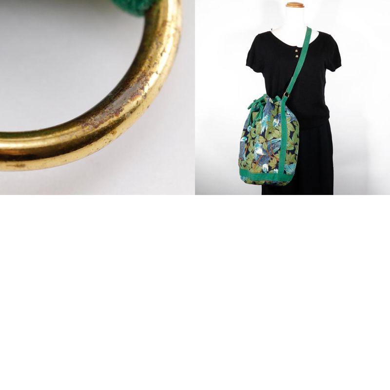 Hermes One Shoulder Botanical Pattern Bird Pattern Vintage Cotton Green Women