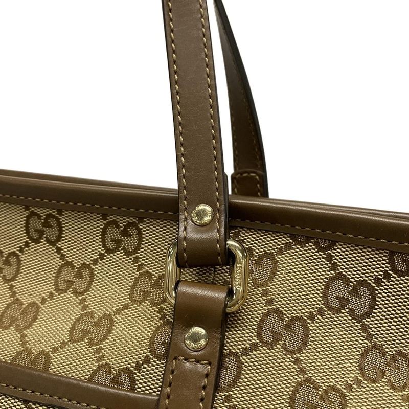Gucci Tote Bag GG Pattern 388929 Beige And Dark Brown Leather