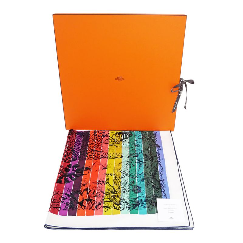 Hermes Carre 90 Scarf Jungle Love Rainbow 100% Silk Multicolor Bead