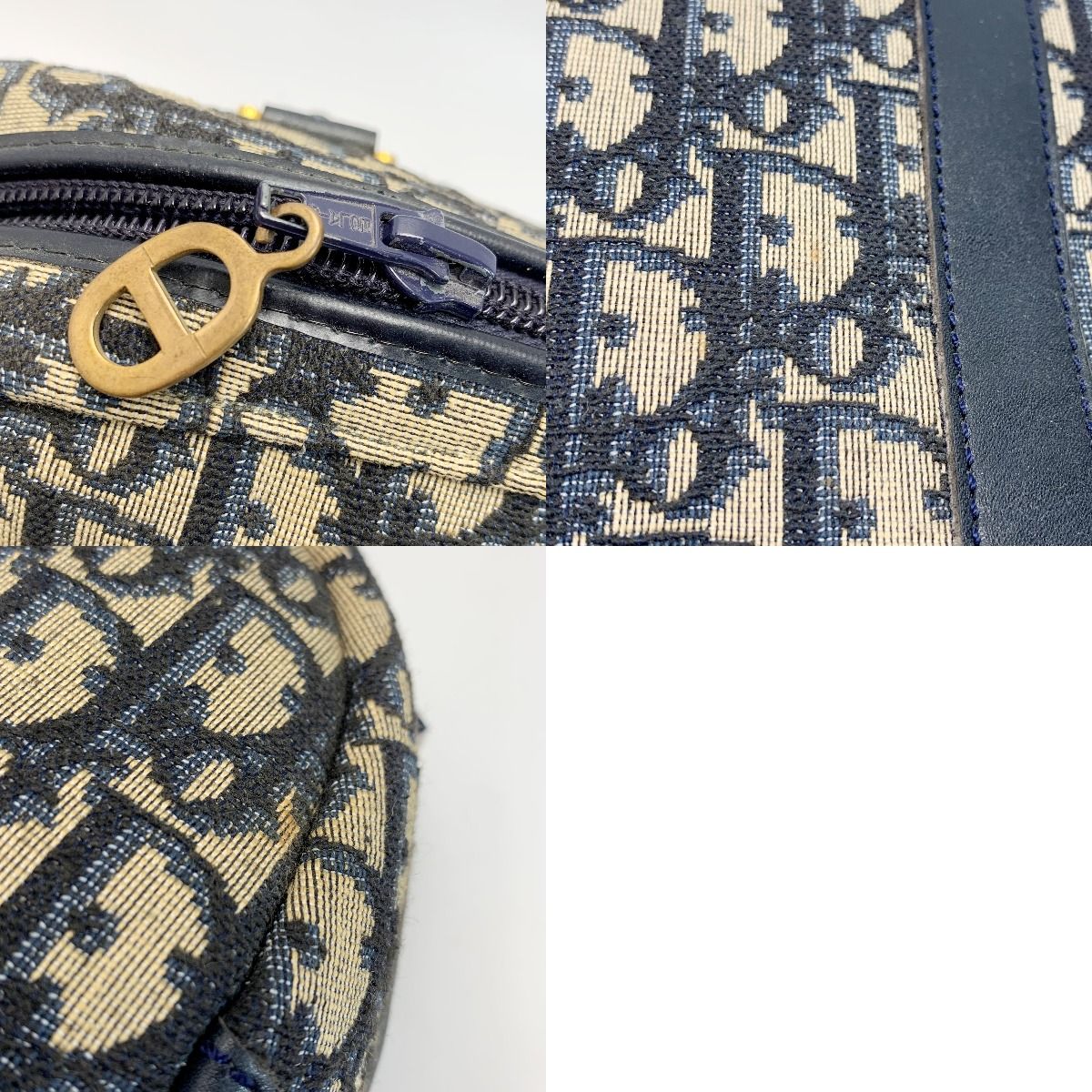 Christian Dior Trotter Logo Canvas Navy Handbag Women's Gold Hardware