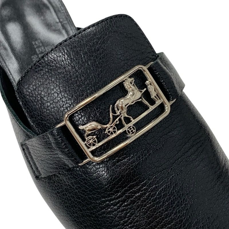 Hermes Vincennes Sandals Shoes Leather Black Silver Mule Carriage Hardware