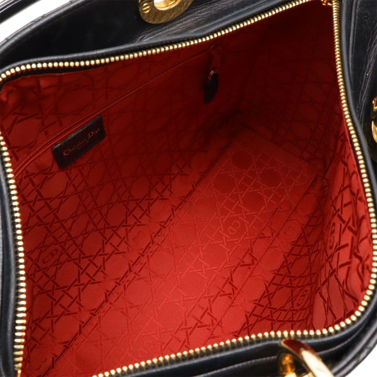 Christian DIOR Lady Dior Cannage Handbag Tote Bag Lambskin Black Black Gold