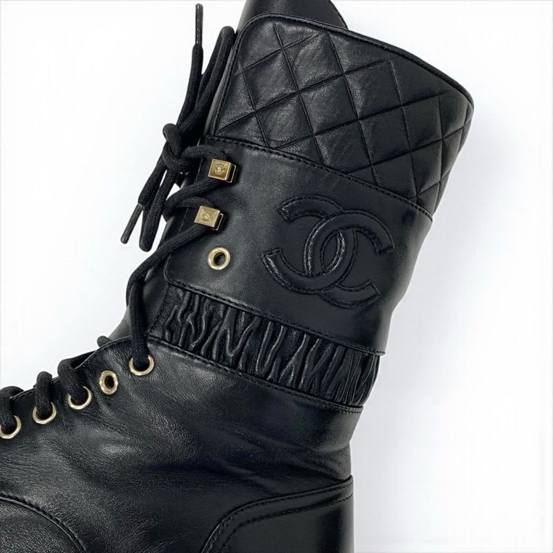 Chanel Boots Short Shoes Leather Black Coco Mark Quilted Lace Up Middle