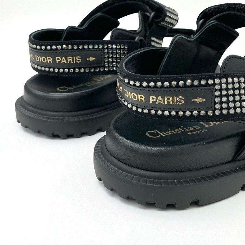 Christian Dior Sandals Shoes Lambskin Black Logo Rhinestone Velcro Strap Sports