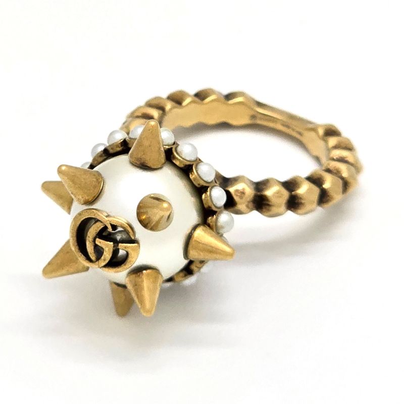 Gucci 582608 Double G Glass Pearl Studded Ring S Approx 13 Gold-tone Metal Aged