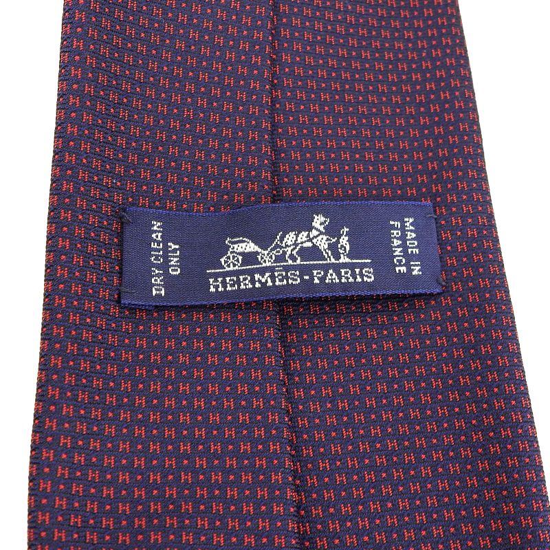 Hermes 659098t 100% Silk H Pattern All Over Tie Navy Red With Box Made In