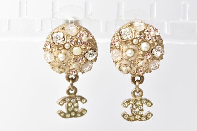 Chanel Earrings Chanel Circle Pearl Motif Logo Rhinestone Gold