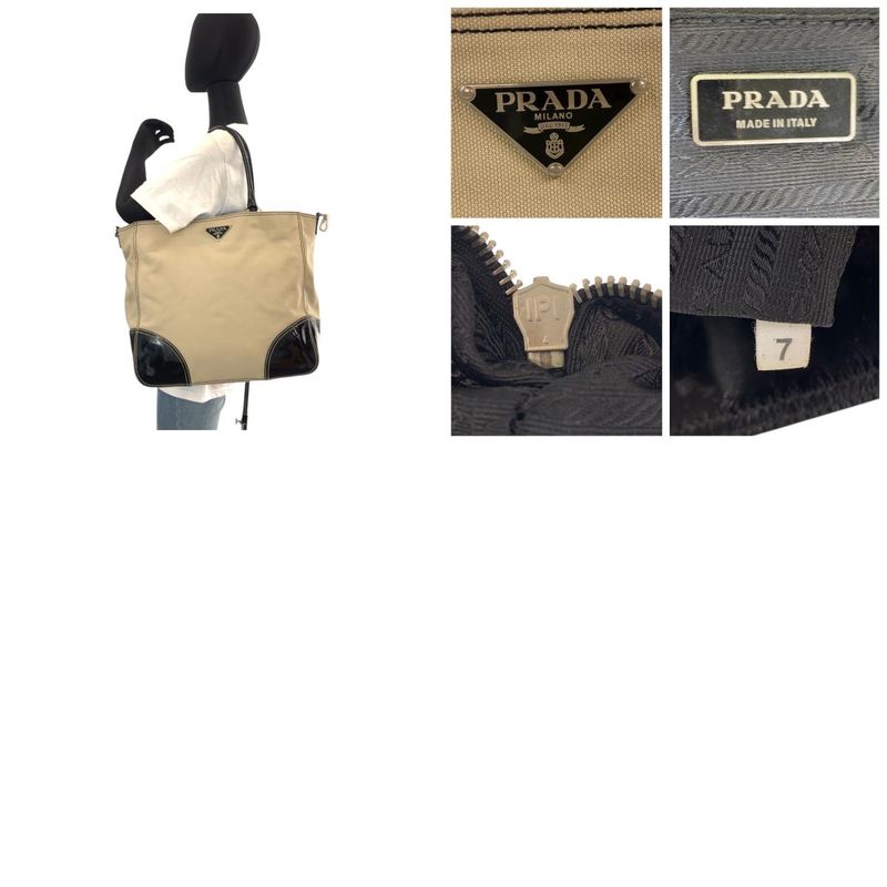 Prada Triangle Logo Plate Beige Black Silver Hardware Canvas/enamel Tote Bag