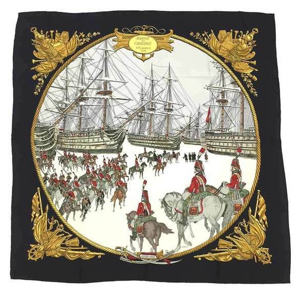 Hermes Carre 90 Marine Et Cavalerie Sea and Cavalry Large Scarf Black Multi All-over Print Silk