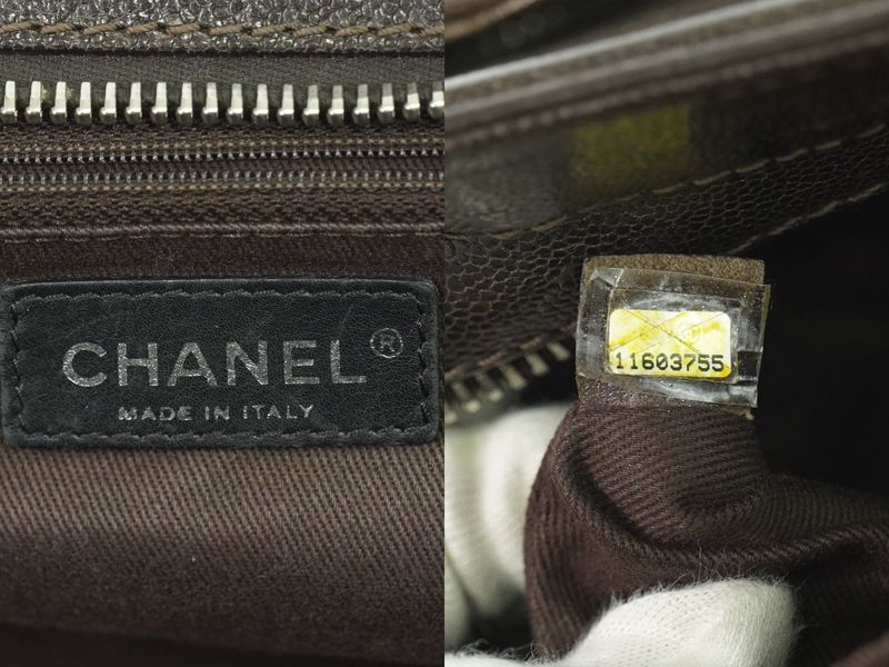 Authentic Chanel Caviar Skin Leather Canvas Shoulder Bag Tote Bag Brown Bag