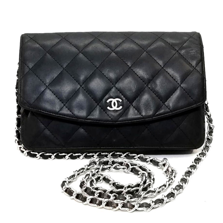 CHANEL CC Lambskin Wallet Chain WOC Shoulder Crossbody Bag Leather