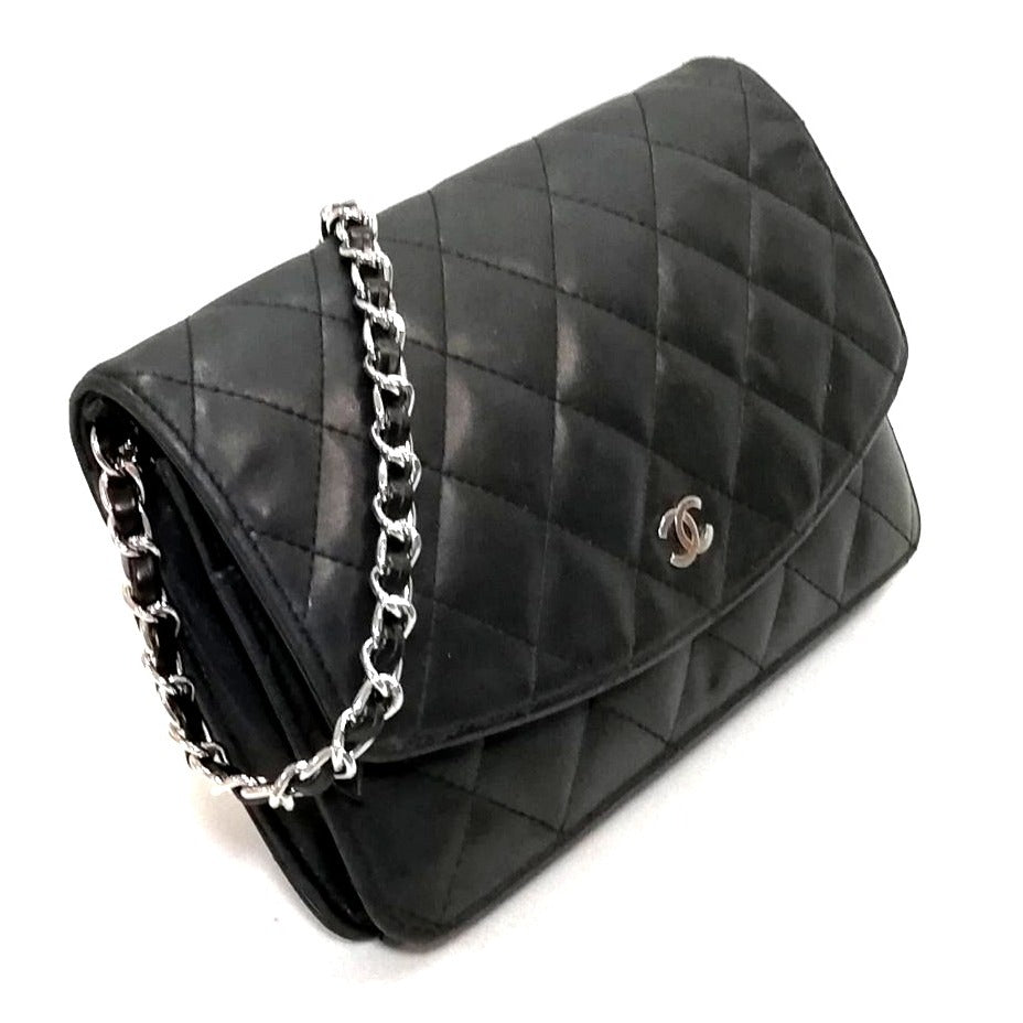 CHANEL CC Lambskin Wallet Chain WOC Shoulder Crossbody Bag Leather