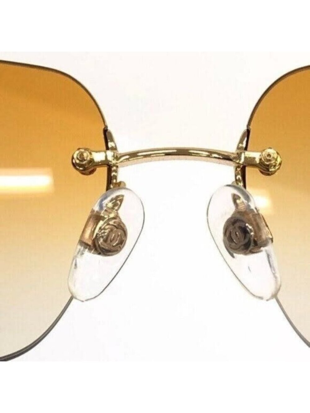 Chanel Vintage Sunglasses Rhinestone CC Logo Rimless Gradient Gold Orange