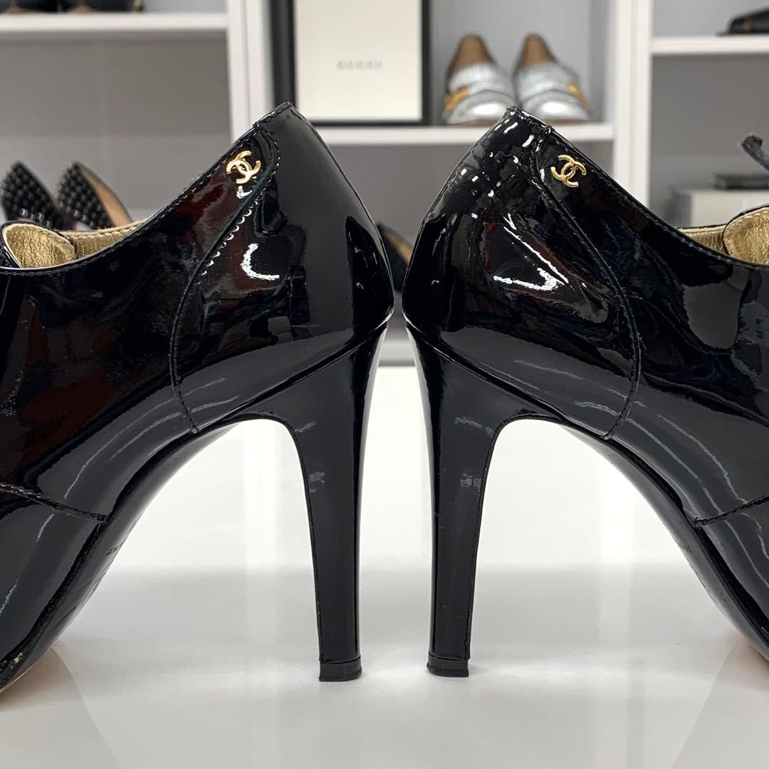 Chanel Patent Cocomark Lace Up Booties Black