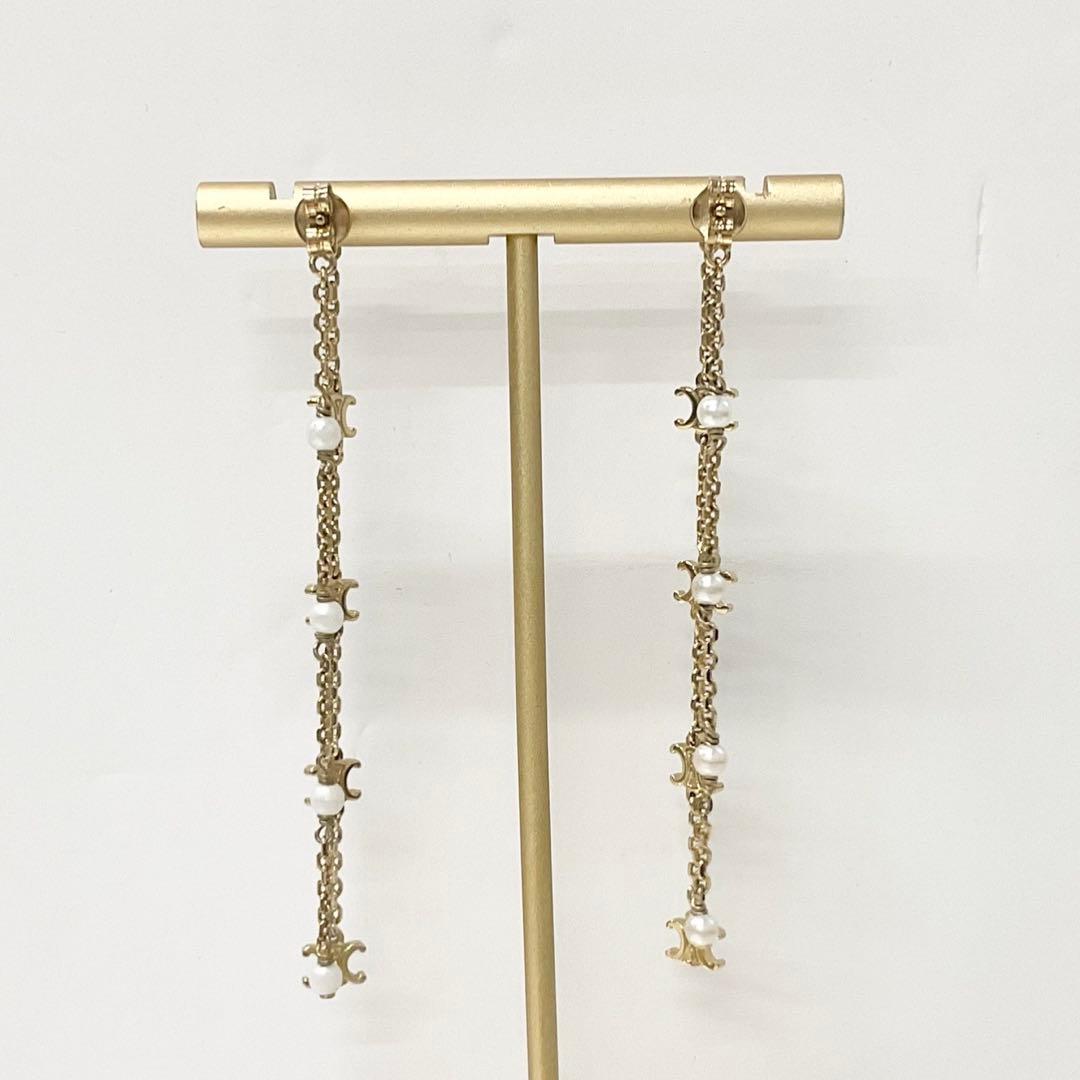 Celine Triomphe Pearl Long Earrings Gold — view 8