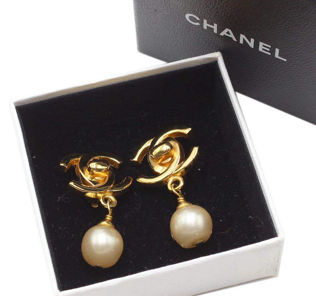Chanel Faux Pearl Turnlock Swing Earrings