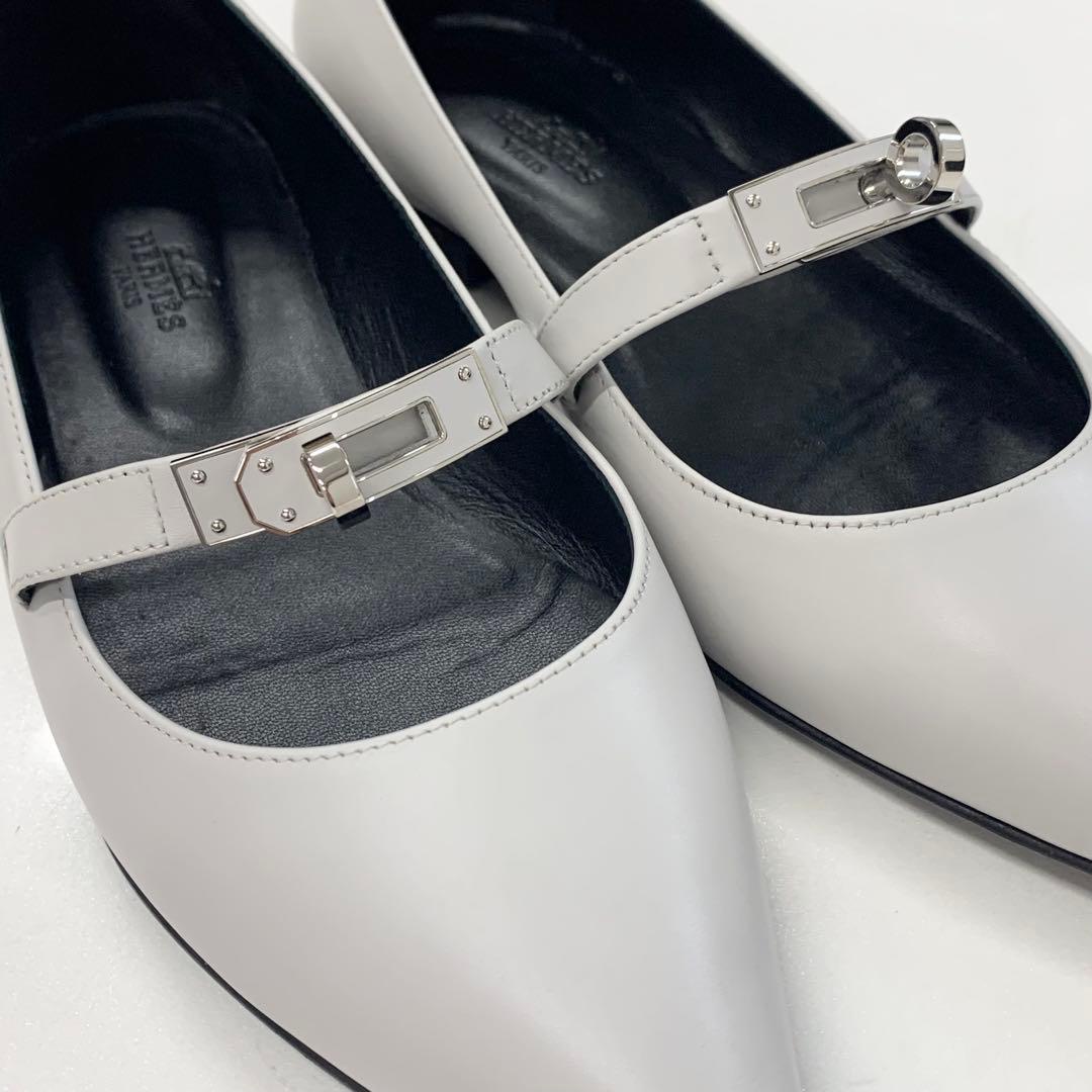 Hermes Kelly Leather Flat Pumps Light Gray — view 8