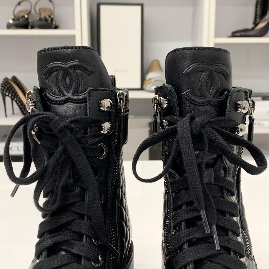 Chanel Quilted Cocomark Leather Lace Up Short Boots
