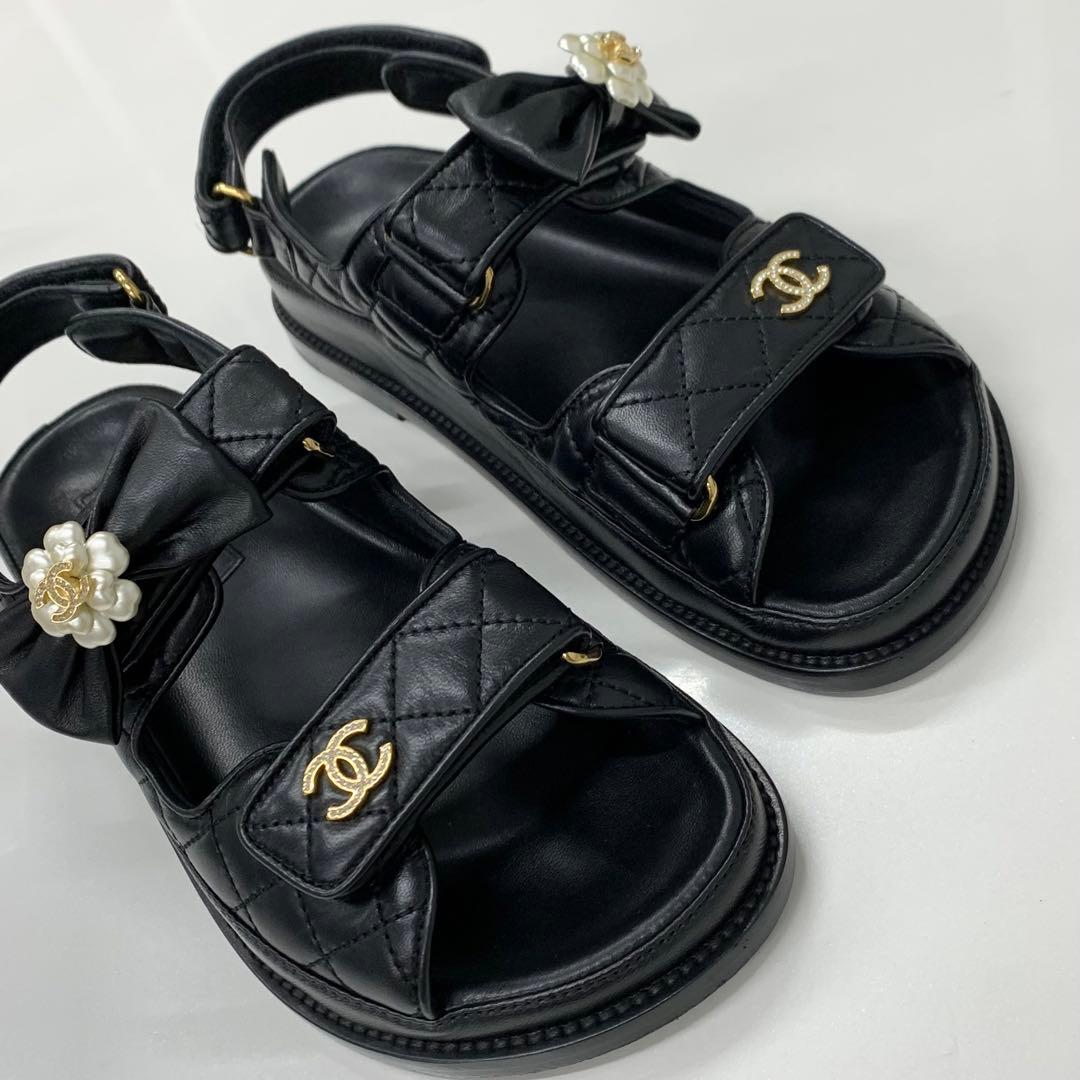 Chanel CC Logo Quilted Camellia Rhinestone Leather Sandals — view 9