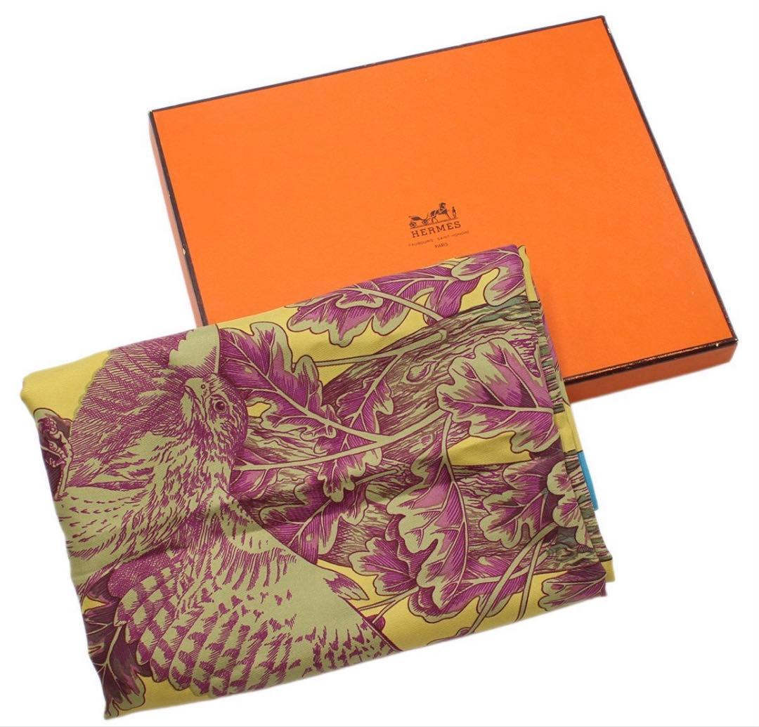 Hermes Silk Shawl Plant Bird Turquoise X Mustard