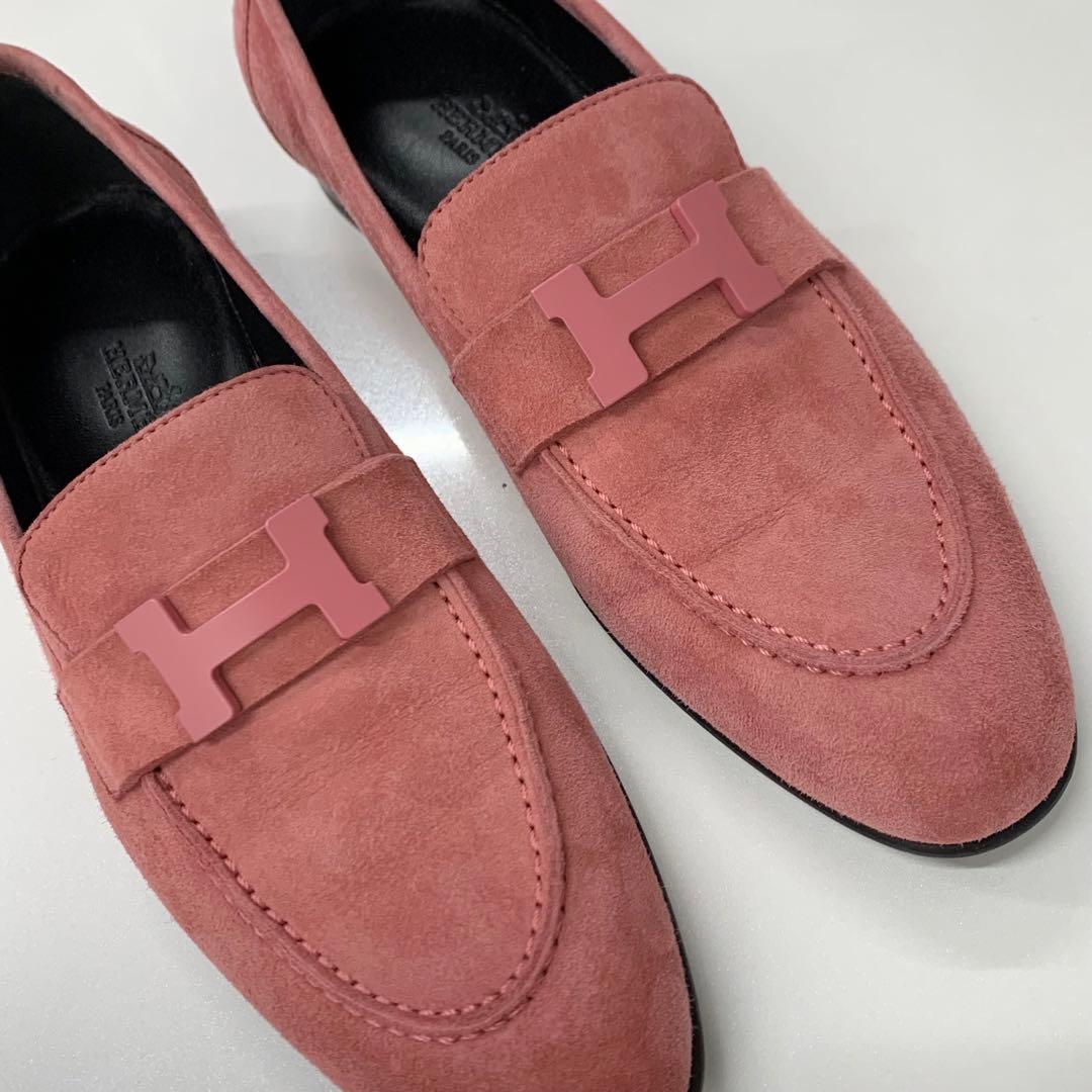 Hermes Paris Suede Hhardware Loafers Pink