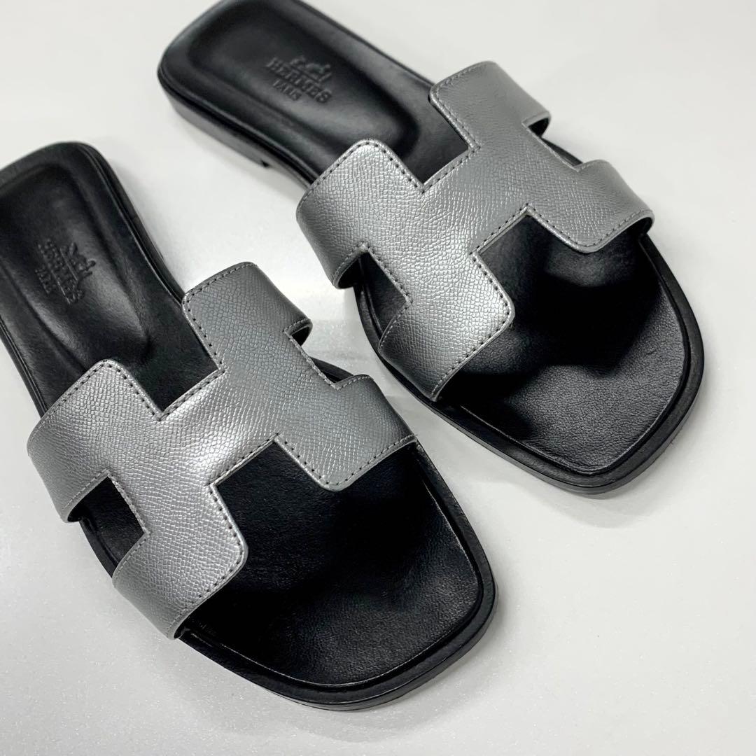 Hermes Oran Leather Sandals Silver Black — view 9