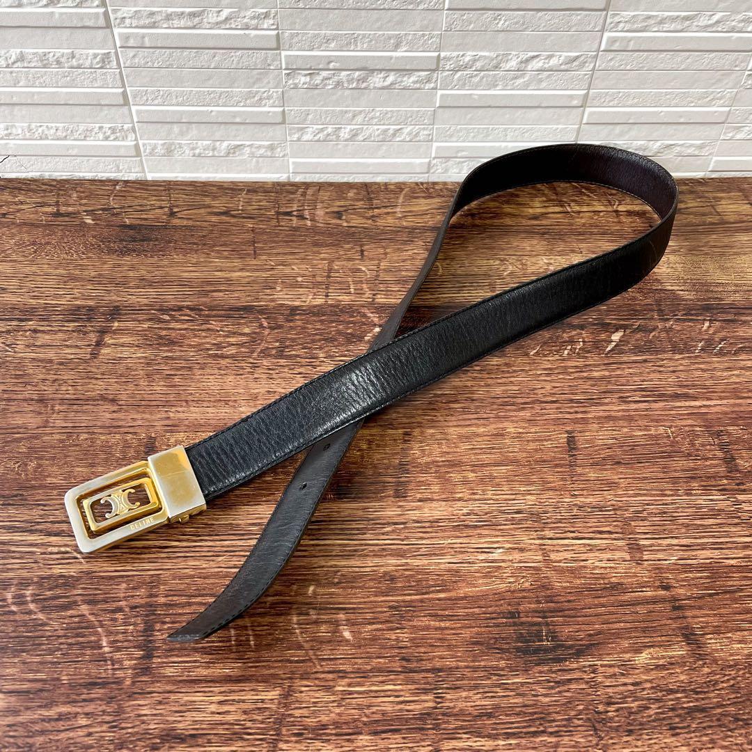 Celine Leather Triomphe Buckle Gold Belt Black — view 9