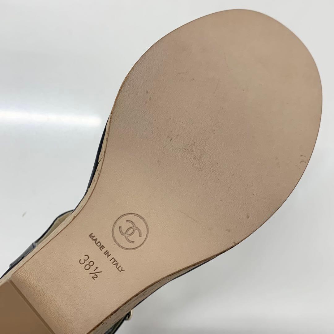 Chanel CC Logo Cork Leather Wedge Sole Sandals Black