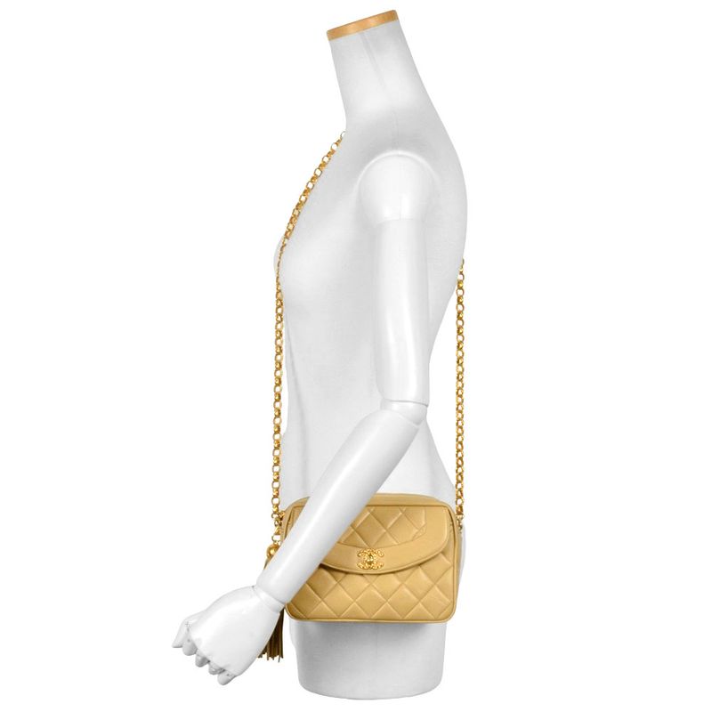 Chanel Shoulder Bag Lambskin Beige Gold Hardware Diana Flap Coco Mark Fringe