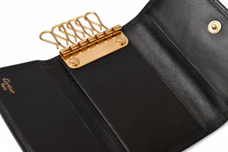 Cartier Key Case Key Holder Cartier Pasha Calf Leather Black Gold Hardware