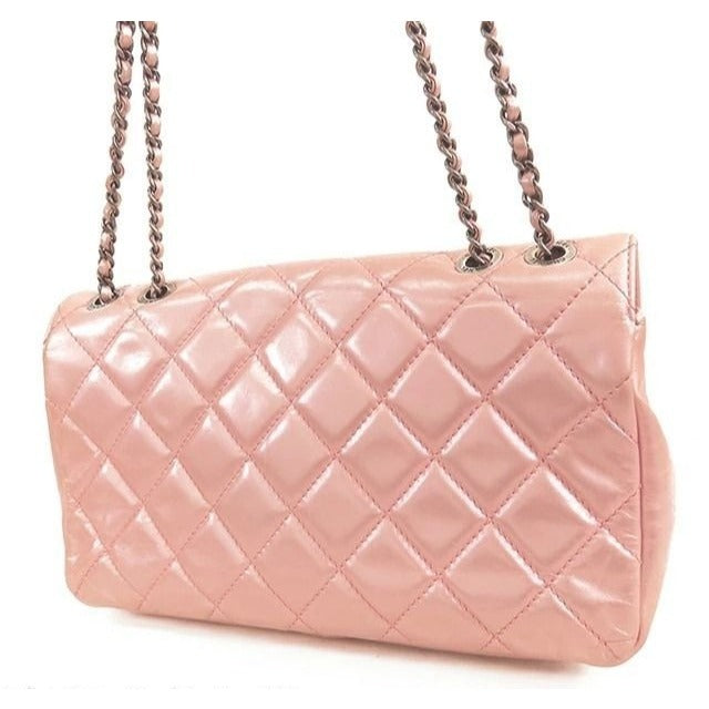 CHANEL Lambskin Quilted Flap Bag Purse Glazed Coco Pleasts Tote Pink