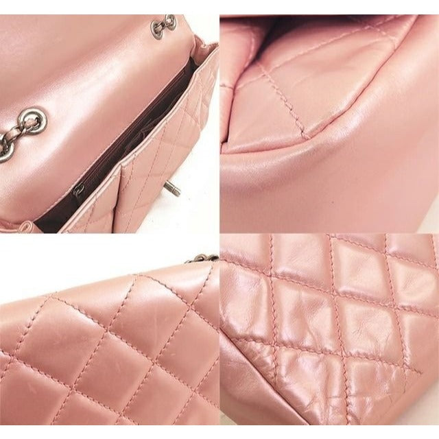 CHANEL Lambskin Quilted Flap Bag Purse Glazed Coco Pleasts Tote Pink