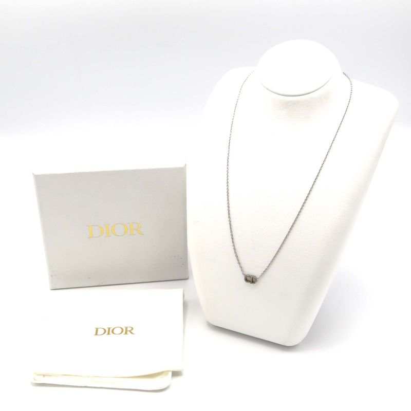 Christian DIOR CD Logo Rhinestone Necklace Silver Color Women's Accessories