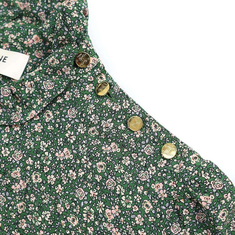 Celine 21aw Flower Print Silk Ruffle Blouse Shirt 2b501818n Green 34