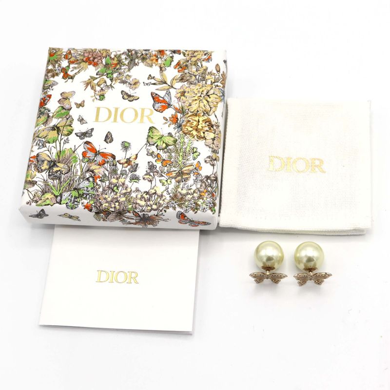Christian DIOR Earrings Butterfly Faux Pearl Tribal Accessories With Box H13740